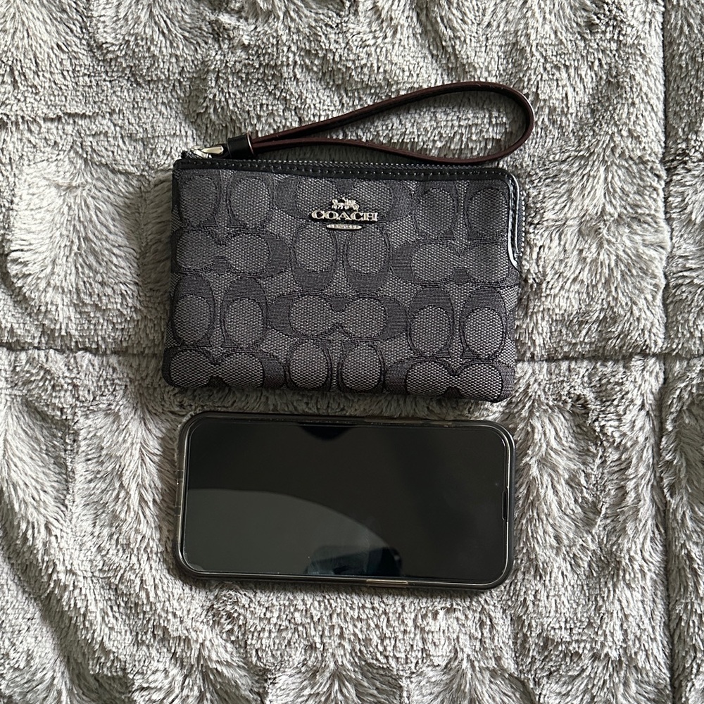 Coach Black/Charcoal Signature Wristlet with Detachable Strap